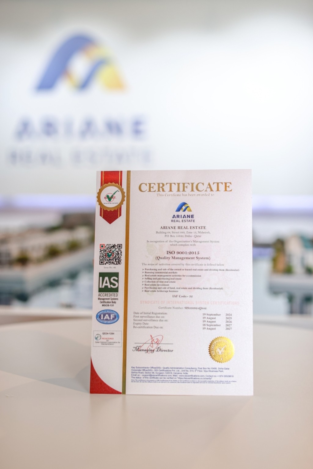 Ariane Real Estate Achieves ISO 9001 Certification: The Premier International Standard for Quality Management